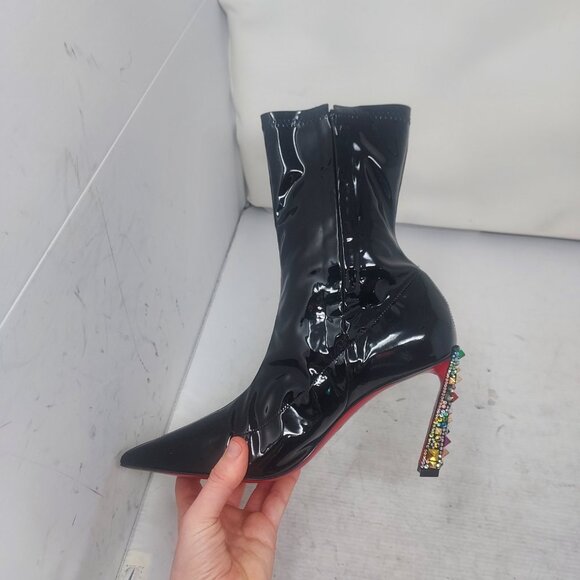 Christian Louboutin Marvel Black Patent Sock Heel Bejeweled Cosmic Ankle Boot - Picture 9 of 13